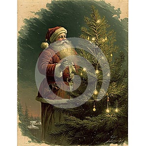 vintage Christmas badge with Santa Claus holding a present. Retro illustration. Generative AI