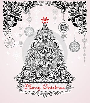 Vintage christmas black and white greeting card with xmas tree and floral decoration