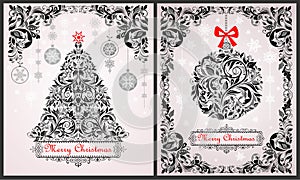 Vintage christmas black and white greeting cards with floral xmas tree, hanging ball and ornate decoration