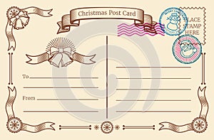 Vintage christmas blank postcard with text space and xmas postal stamps. Vector template