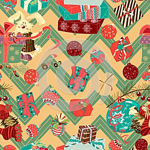 Vintage christmas bunny charater with presents seamless pattern vector