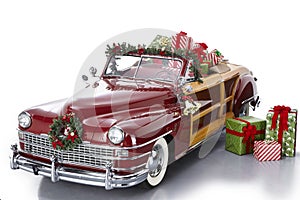 Vintage Christmas car. classic American car decorated for Christmas