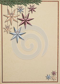 Vintage christmas card with stars hanging hanging from a spruce branch