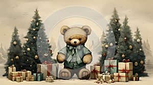 Vintage christmas card of a whimsical teddy bear. Rustic colors and hand drawn style. Christmas tree motif with ornaments