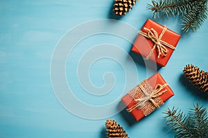 Vintage Christmas composition. Red gift boxes, pine branches and cones on blue background. Flat lay, top view. Retro style. Season