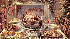 Vintage christmas feast illustration with festive table setting, roasted turkey, and holiday decorations by the photo