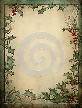 Vintage Christmas Frame with Mistletoe & Holly - Festive Fantasy Illustration.