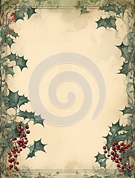 Vintage Christmas Frame with Mistletoe & Holly - Festive Fantasy Illustration.