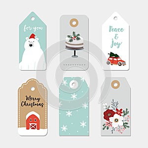 Vintage Christmas gift tags set. Hand drawn labels with winter flowers, cake, car with Christmas tree, polar bear