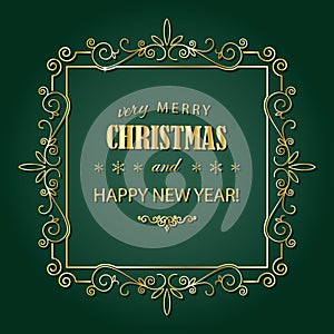 Vintage Christmas golden frame. Merry Christmas and Happy New year wish greeting card design in retro style.