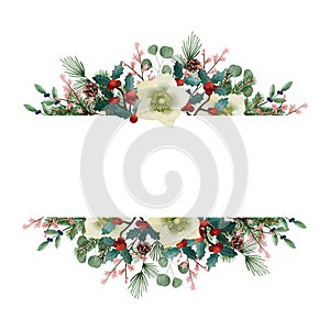 Vintage Christmas greeting card, invitation. Watercolor floral garland made of fir tree and eucalyptus branches