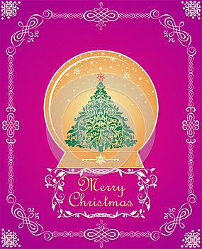 Vintage Christmas greeting craft card in viva magenta color with golden globe with Xmas tree and decorative curled frame