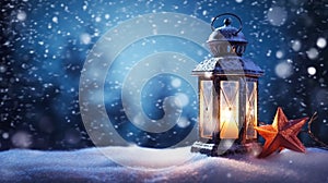 Vintage Christmas lantern on snow as magic night winter holiday background, Merry Christmas and Happy Holidays wishes, generative