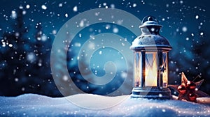 Vintage Christmas lantern on snow as magic night winter holiday background, Merry Christmas and Happy Holidays wishes, generative