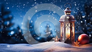 Vintage Christmas lantern on snow as magic night winter holiday background, Merry Christmas and Happy Holidays wishes, generative