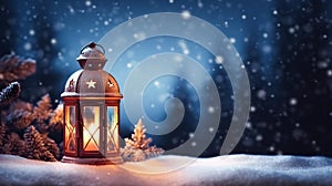 Vintage Christmas lantern on snow as magic night winter holiday background, Merry Christmas and Happy Holidays wishes, generative