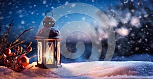 Vintage Christmas lantern on snow as magic night winter holiday background, Merry Christmas and Happy Holidays wishes, generative