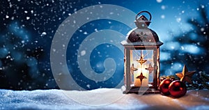 Vintage Christmas lantern on snow as magic night winter holiday background, Merry Christmas and Happy Holidays wishes, generative