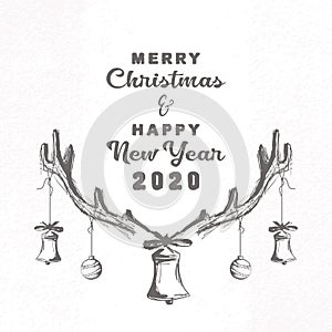 Vintage Christmas and new year greeting card with reindeer. Grunge texture sketch hand drawn lettering typography style vector