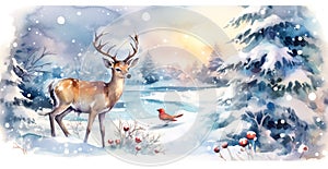 Vintage Christmas New Years greeting card with winter scene in forest with deer red robbin bird fir trees covered with snow.