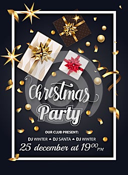 Vintage Christmas Party design template. New Year Vector flyer with Christmas ddecorations, fir tree and gifts boxes