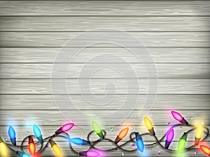 Vintage Christmas planked wood with lights. EPS 10