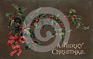 Vintage Christmas Postcard Greeting card, holly, pointsettia