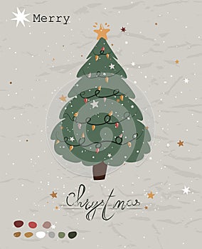 Vintage Christmas poster from New Collection. Cozy Christmas Tree Scandinavian style.
