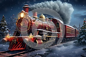 Vintage Christmas red train. Generate Ai