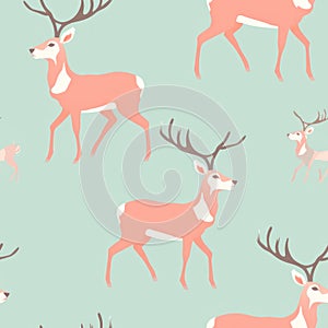 Vintage christmas reindeer seamless pattern with solid pastel colors in a charming vector style