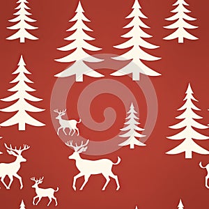 Vintage christmas reindeer seamless pattern in solid vector style, red and white pastel colors