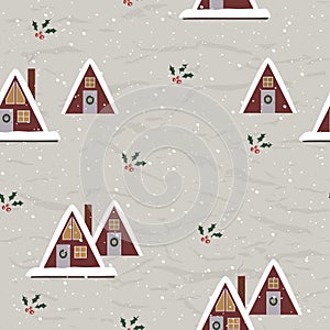 Vintage Christmas seamless texture from New Collection. Cozy triangle houses Scandinavian style.