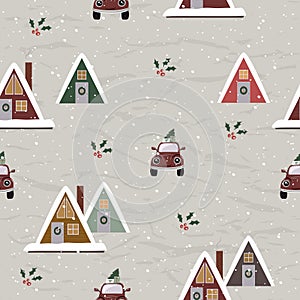 Vintage Christmas seamless texture from New Collection. Cozy triangle houses Scandinavian style.