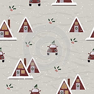 Vintage Christmas seamless texture from New Collection. Cozy triangle houses Scandinavian style.