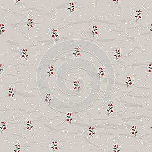 Vintage Christmas seamless texture from New Collection. Red berries and snow.