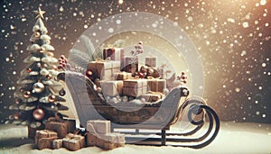 Vintage Christmas Sleigh with Gifts and Tree, AI Generated