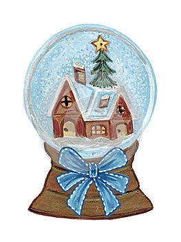 Vintage Christmas Snow Globe house and christmas tree and blue r