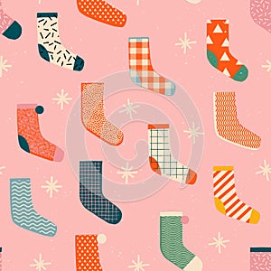 Vintage Christmas socks with presents seamless pattern