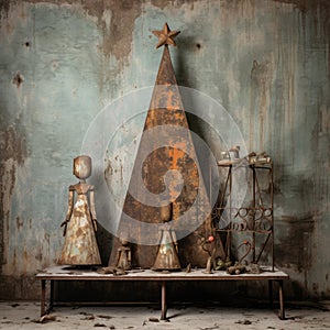 Vintage Christmas tree with angels in the old room. Toned.