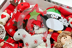 Vintage christmas tree festive felt decorations toys bacground. Winter holiday concept, handmade craft