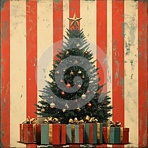 Vintage Christmas Tree Scene with Gifts photo