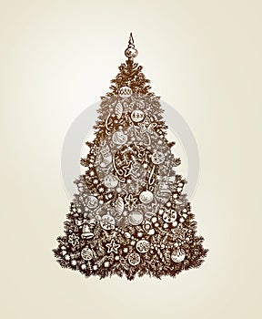 Vintage Christmas tree with xmas decorations. Hand-drawn sketch vector