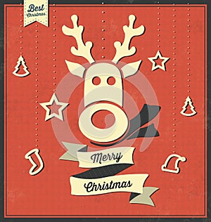 Vintage Christmas Vector Greeting Card - Retro Background Design - Reindeer Cartoon