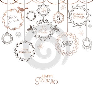 Vintage Christmas Wreath Design, Winter Holiday Calligraphic Card, Vector Page Typography Decoration