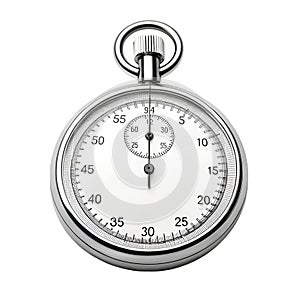Vintage Chrome Stopwatch with White Face and Black Hands on White Background timer time