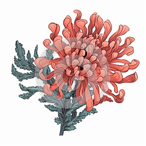 Vintage Chrysanthemum Flower Illustration In Red And Aquamarine