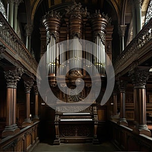 Vintage church organ, metal pipes, beautiful carved pattern on old wood