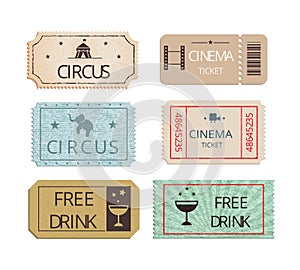 Vintage cinema  circus and party tickets set