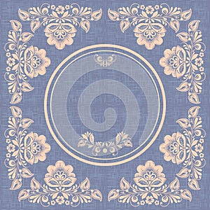 Vintage circle frame vector, hohloma style, burlap