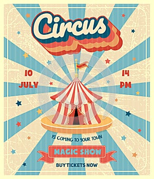 Vintage circus advertising poster with marquee and grunge texture for arts festival event and entertainment.